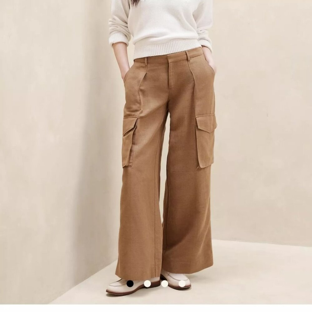 Banana Republic brown linen blend cargo trouser wide leg pants size 14